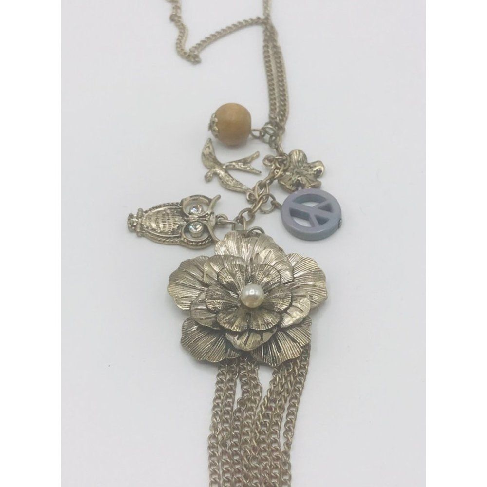 Matte silver boho flower faux pearl owl rhinestone bird wood bead peace tassel